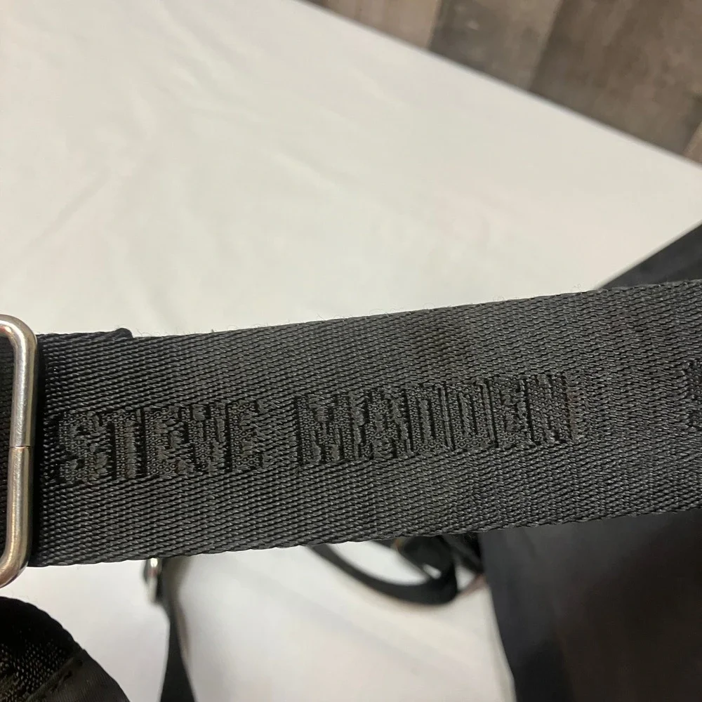 Steve Madden Black Nylon Backpack B-SALLY Logo Straps Silver Hardware Womens EUC
